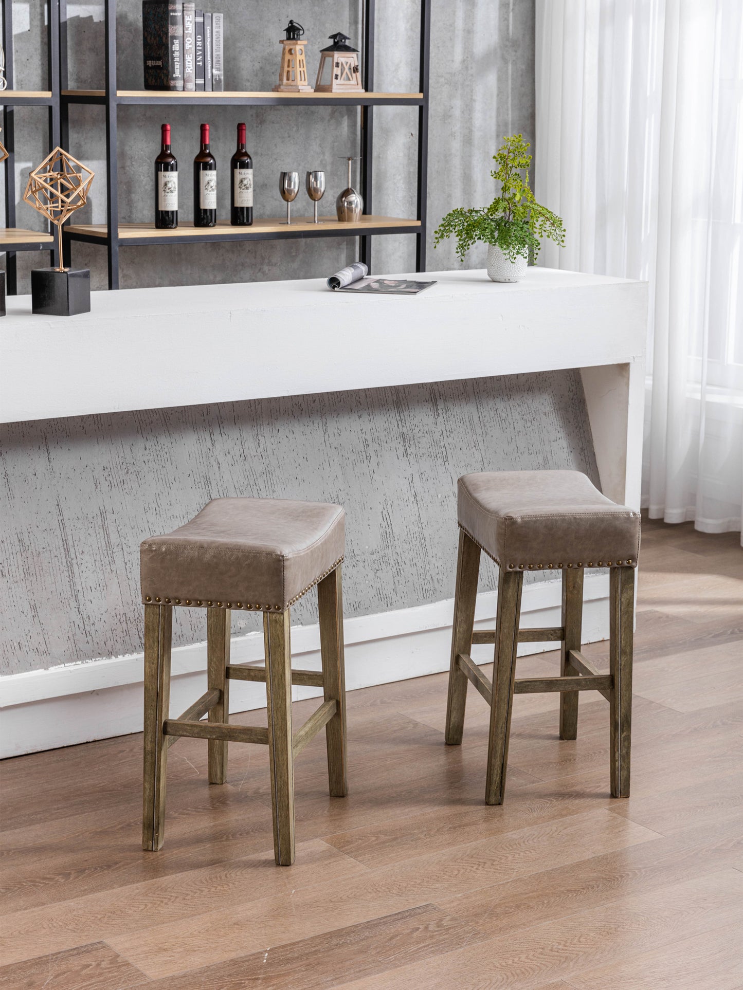 Counter Height 26" Bar Stools for Kitchen Counter Backless  Faux Leather Stools Farmhouse Island Chairs (26 Inch, Gray, Set of 2)