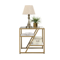 Golden Side Table with Storage Shelf Tempered Glass Top Metal Frame for Living Room and Bedroom