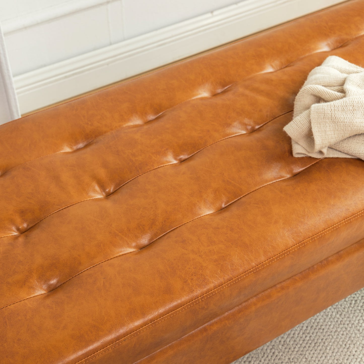 Brown Leather Storage Bench for Bedroom Entryway 43.3" Stylish Ottoman at Foot of Bed