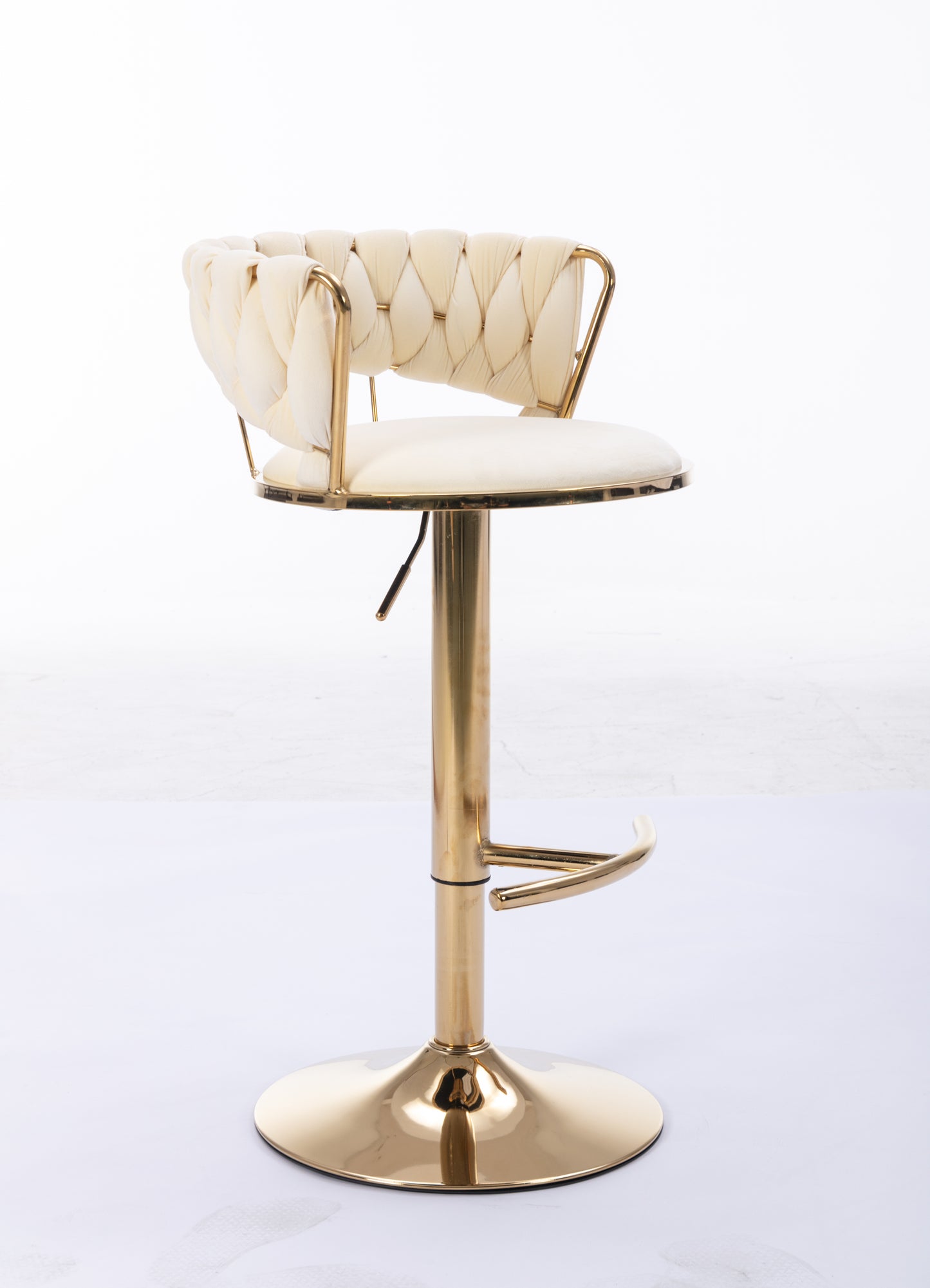 Set of 2 Velvet Bar Stools with Chrome Footrest and Base Swivel Adjustable Height Golden Legs Cream Color