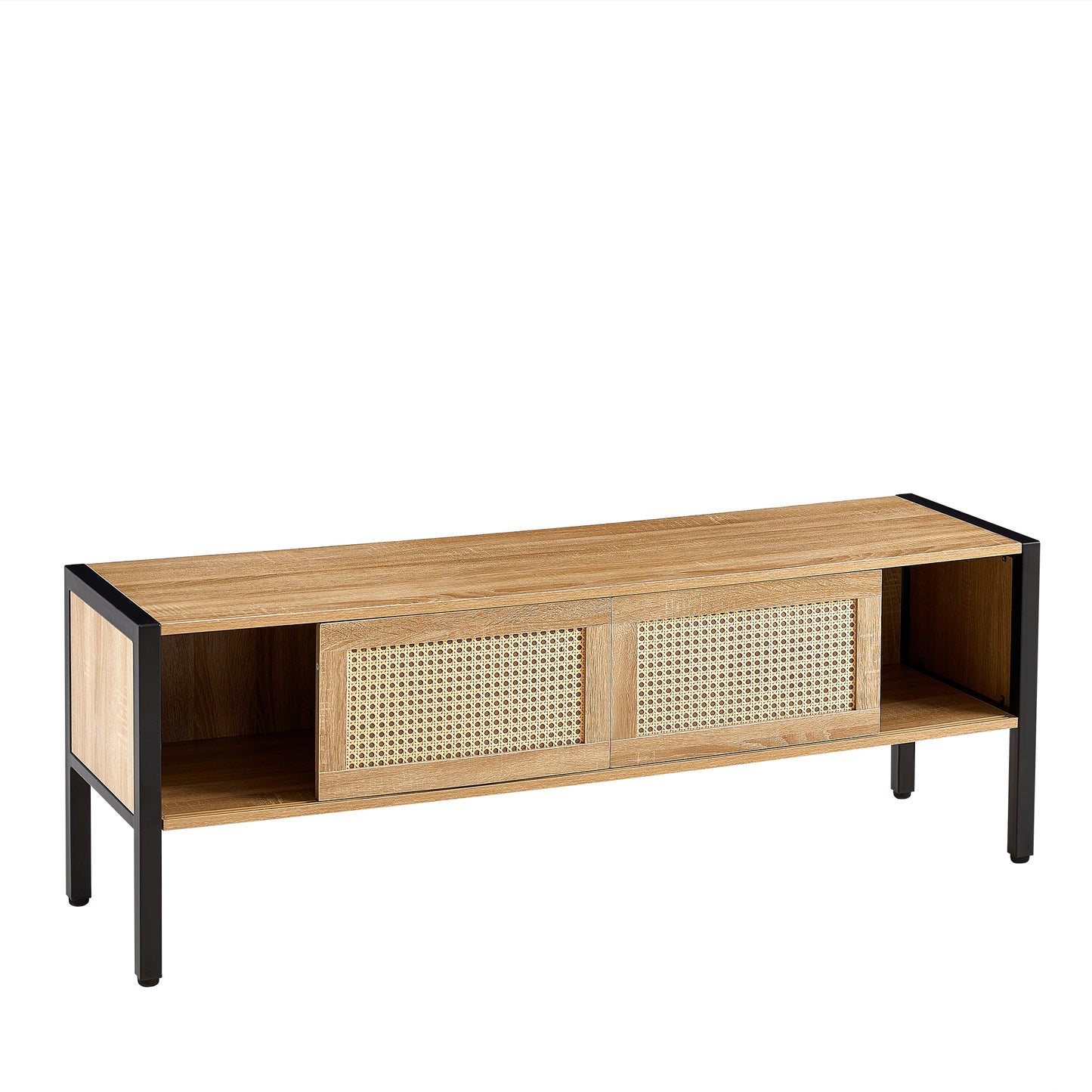 Rattan TV Cabinet with Adjustable Shelf Double Sliding Doors and Color Light Strip Metal Legs for Living Room Storage