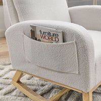 Modern Accent High Backrest Lounge Arm Rocking Chair with Two Side Pockets Teddy White Ivory