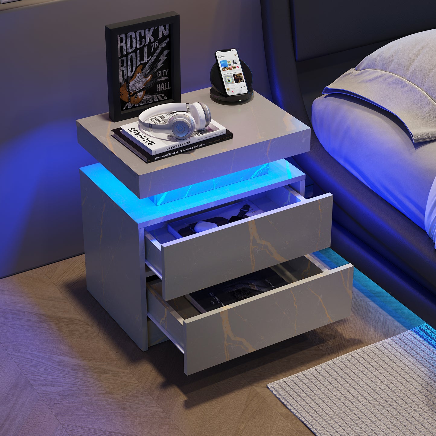 Nightstand LED Bedside Table Cabinet Lights Modern End Side with 2 Drawers for Bedroom (Grey Gold)