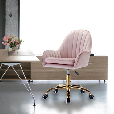 Velvet Home Office Chair with Wheels Adjustable Height Pink Cute Chair with Gold Metal Base for Living Room Bedroom Vanity Room