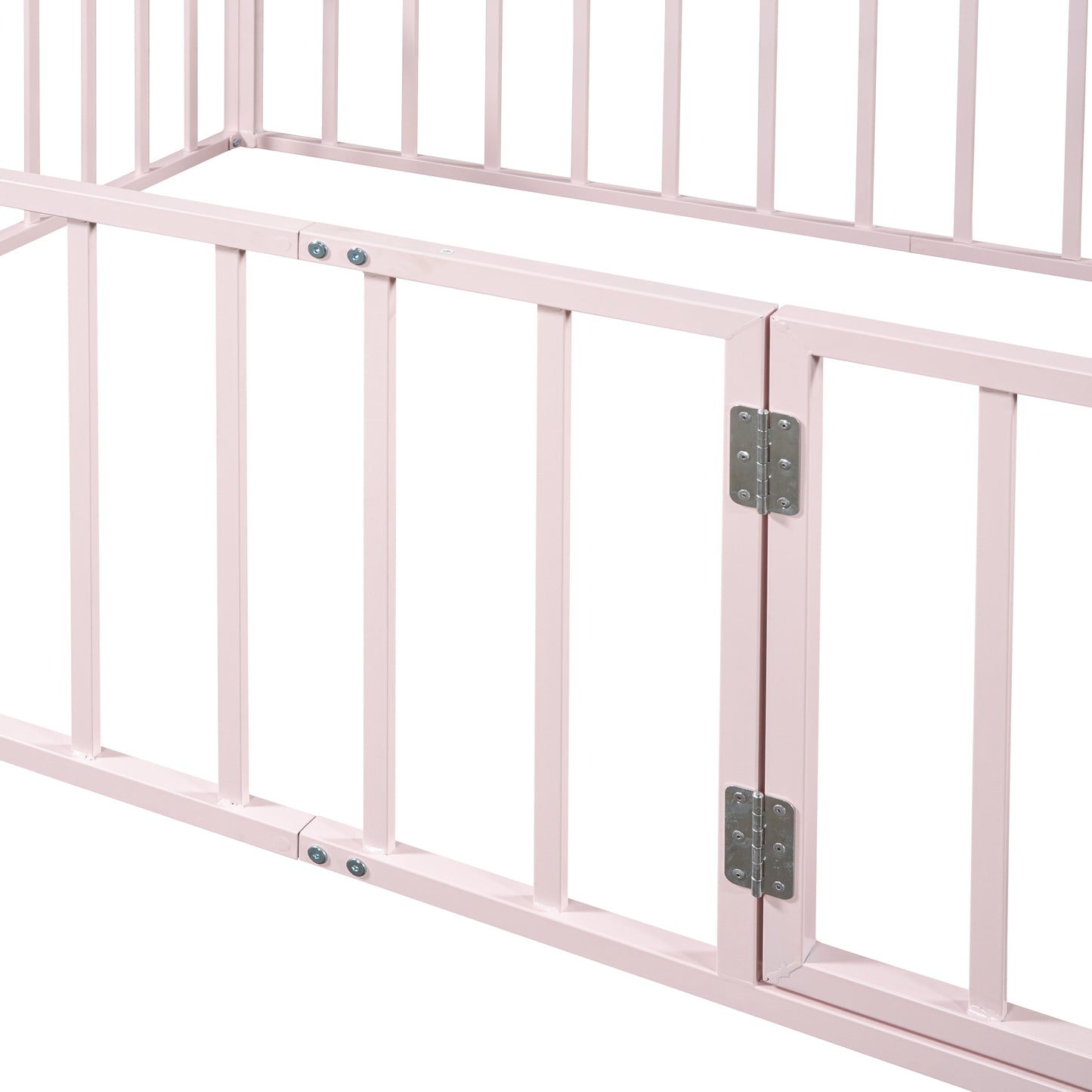 Full Size Metal Floor Bed Frame with Fence and Door, Pink