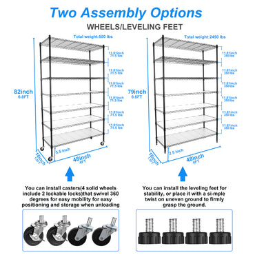 7 Tier Heavy Duty Wire Shelving Unit 2450 LBS Capacity Adjustable Metal Garage Storage Shelves with Wheels Black