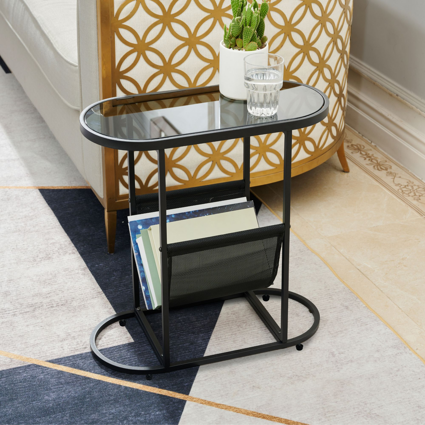 Glass Oval Small Side Tables for Living Room Set of 2 with Magazine Organizer and Storage Space Ideal for Small Spaces