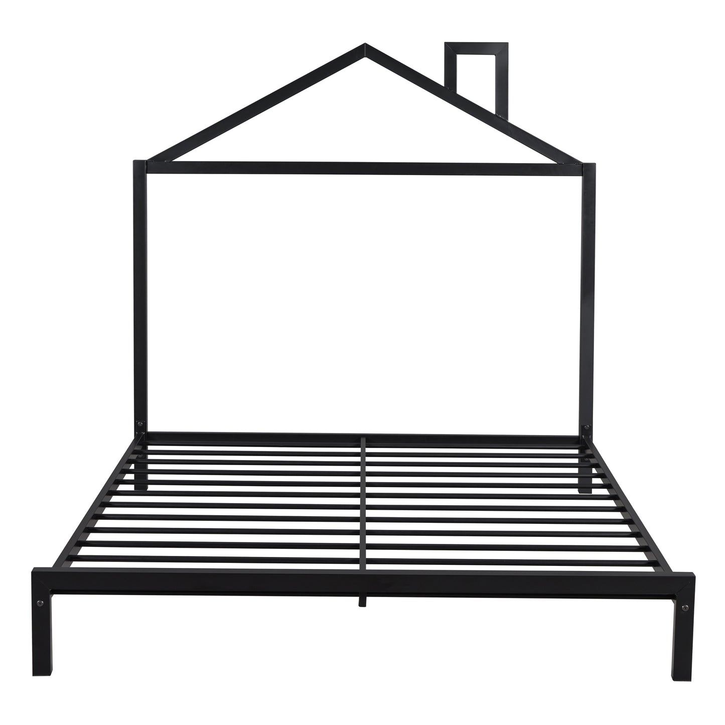 Full Size Metal Platform Bed with House-Shaped Headboard Design, Black