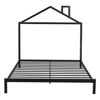 Full Size Metal Platform Bed with House-Shaped Headboard Design, Black