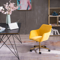 Modern Velvet Adjustable Height 360 Revolving Home Office Chair Gold Metal Legs Universal Wheels Indoor Yellow