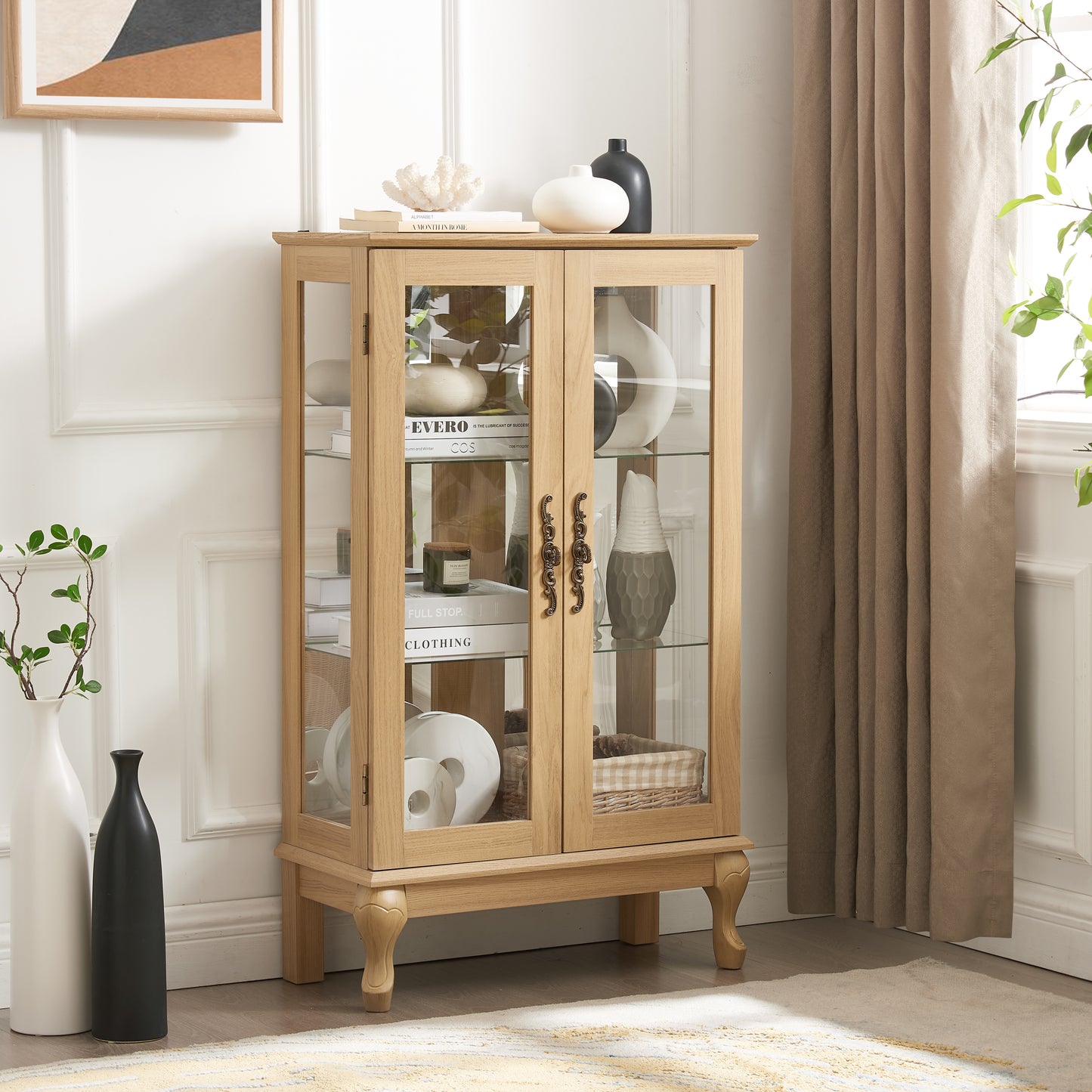 Elegant Oak Curio Cabinet with Glass Doors Adjustable Shelves Mirrored Back Lighted Display for Home Office
