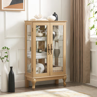 Elegant Oak Curio Cabinet with Glass Doors Adjustable Shelves Mirrored Back Lighted Display for Home Office