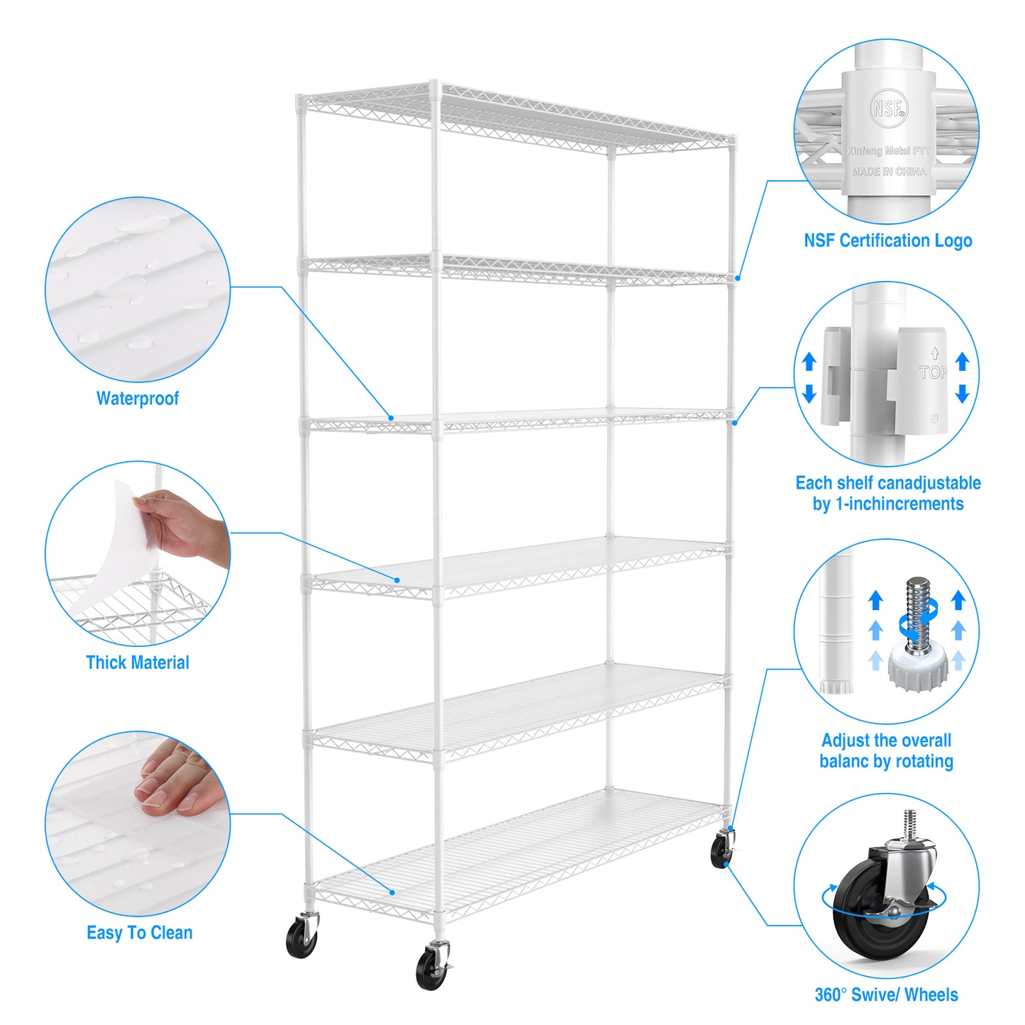 6 Tier Heavy Duty Wire Shelving Unit 6000 LBS Capacity Adjustable Metal Garage Storage Shelves with Wheels White