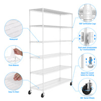 6 Tier Heavy Duty Wire Shelving Unit 6000 LBS Capacity Adjustable Metal Garage Storage Shelves with Wheels White