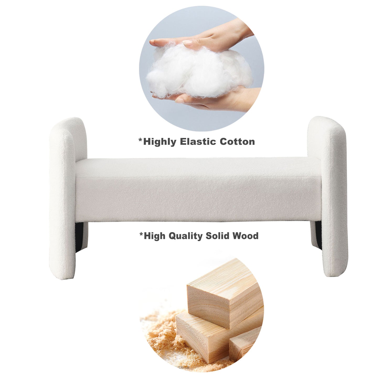 52 Inch Modern Contemporary Bench for Bedroom End of Bed Ottoman Couch Long Window Sitting Fireplace Teddy White Ivory