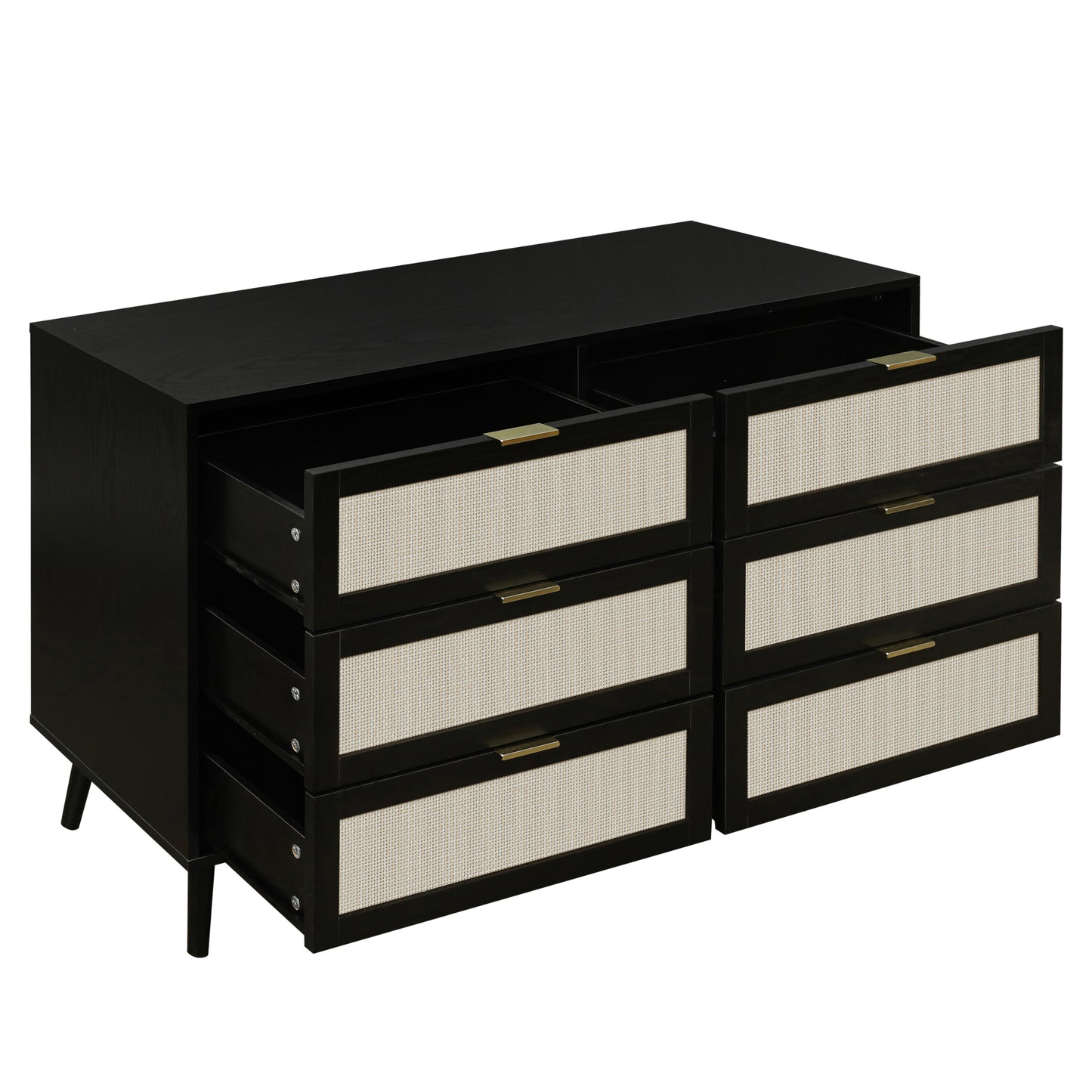 Modern 6 Drawer Dresser Black Wood Storage Cabinet for Bedroom or Living Room Furniture