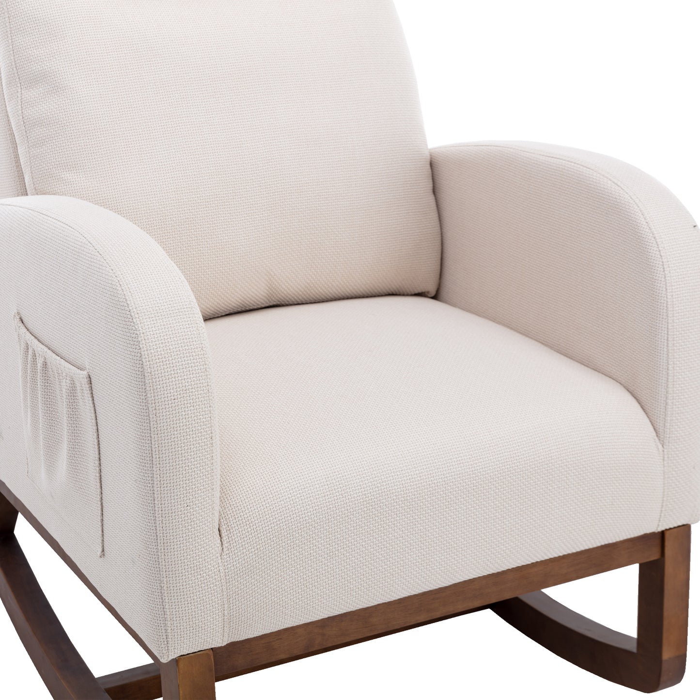 Modern Glider Recliner Armchair with Wood Legs and Side Pocket for Nursery Living Room Bedroom Beige Linen