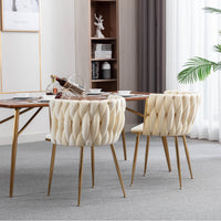 Modern Velvet Dining Chair Set of 2 with Golden Metal Frame and Legs Ivory Color