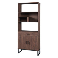 Tall Walnut Finish Open Bookshelf with LED Lights and Storage Drawer for Living Room and Office