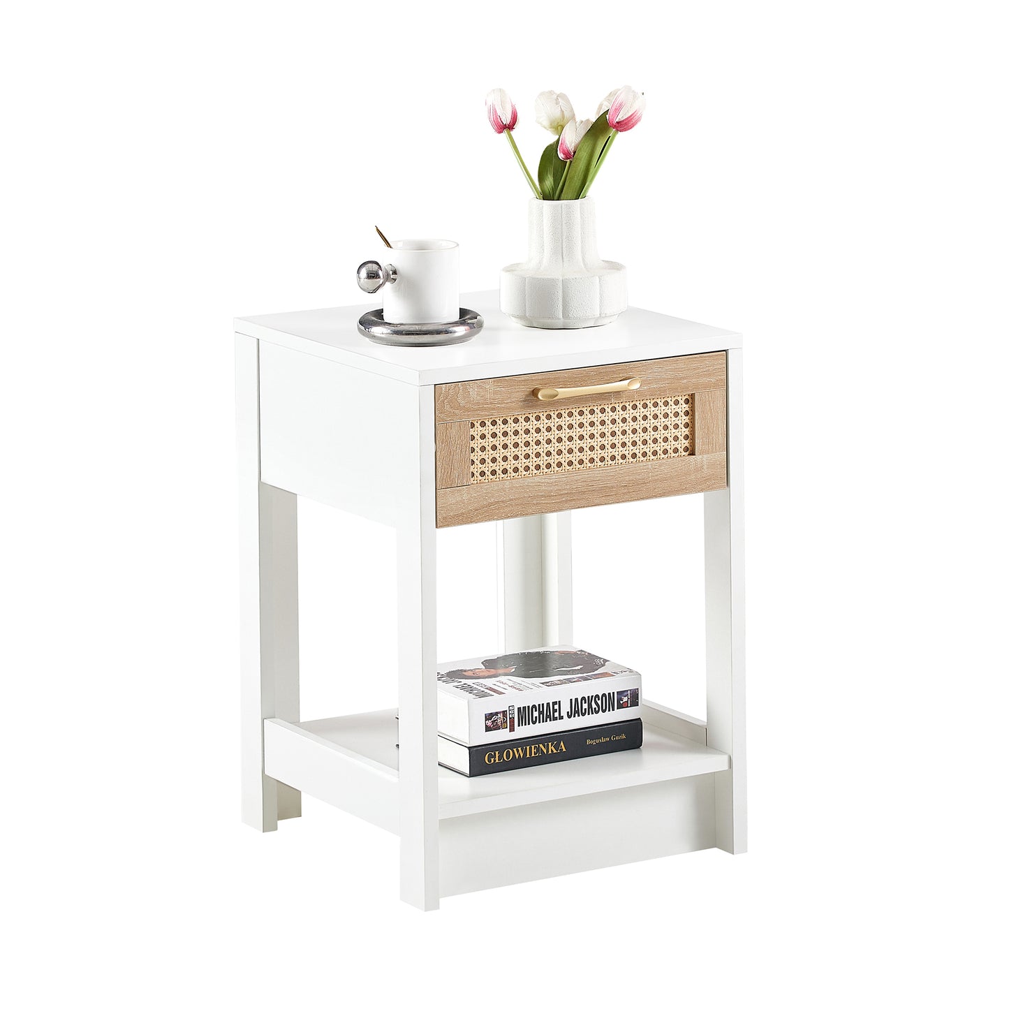 15.75 Inch Rattan End Table with Drawer Modern Nightstand Side Table for Living Room Bedroom White