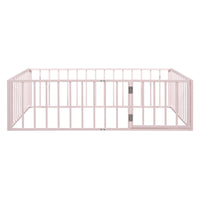 Full Size Metal Floor Bed Frame with Fence and Door, Pink