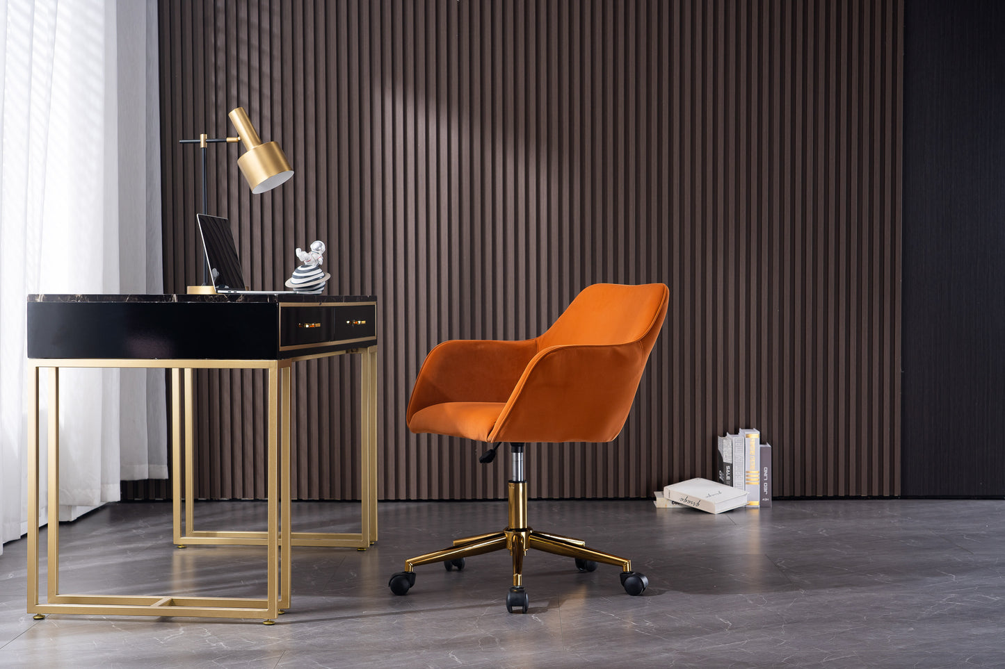 Modern Velvet Adjustable Height 360 Revolving Home Office Chair Gold Metal Legs Universal Wheels Indoor Orange