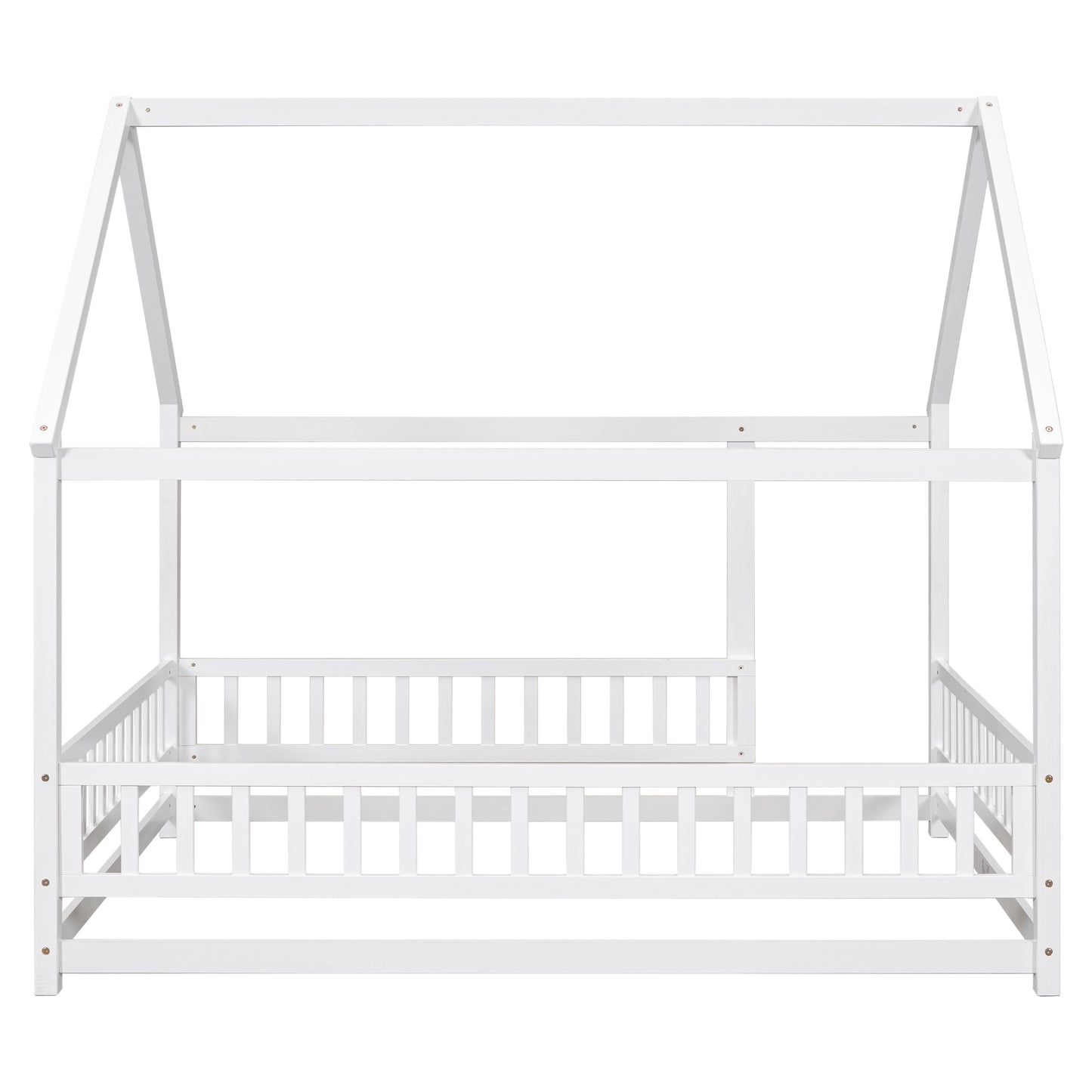 Wooden Full Size Bed With House Roof Frame And Fence Guardrails In Grey