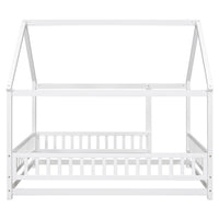 Wooden Full Size Bed With House Roof Frame And Fence Guardrails In Grey