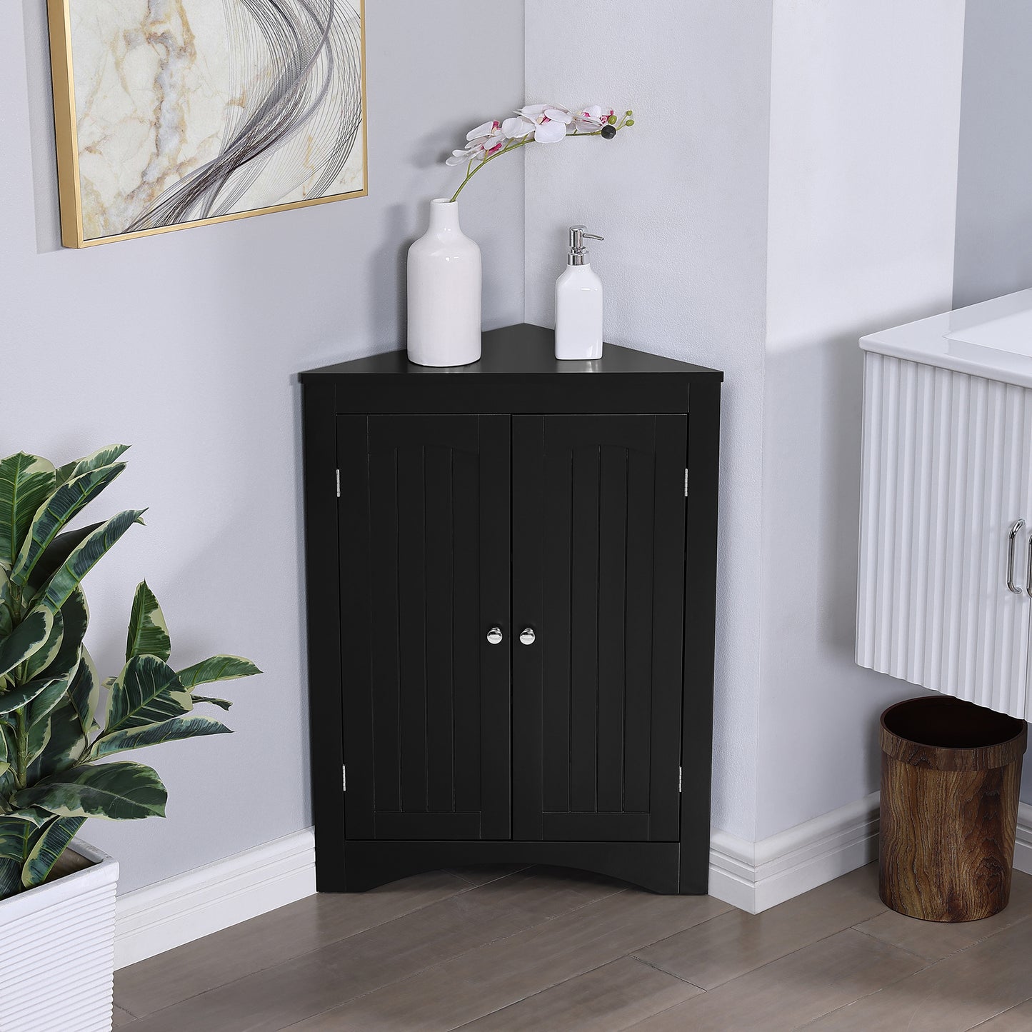 Bathroom Floor Corner Cabinet with Doors and Shelves Free Standing Storage for Kitchen Living Room Organizer