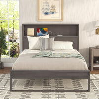 Full Size Platform Bed with Storage Headboard USB Ports and Sockets Antique Gray