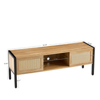 Rattan TV Cabinet with Adjustable Shelf Double Sliding Doors and Color Light Strip Metal Legs for Living Room Storage