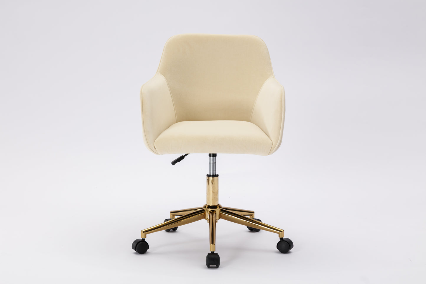 Adjustable Height 360 Revolving Velvet Office Chair with Gold Metal Legs and Universal Wheels Beige