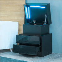 Modern Black LED Nightstand with Glossy Drawers Bedside Table for Bedroom Storage