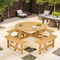 8 Person Round Picnic Table with Built-in Benches and Umbrella Hole for Garden Backyard Patio