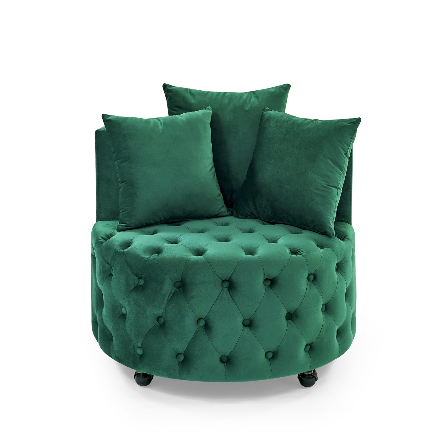 Velvet Upholstered Swivel Chair for Living Room, with Button Tufted Design and Movable Wheels, Including 3 Pillows, Green