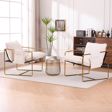 Beige Upholstered Hanging Armchair with Arm Pockets Metal Frame Gold-Plated Cushions for Living Room Bedroom