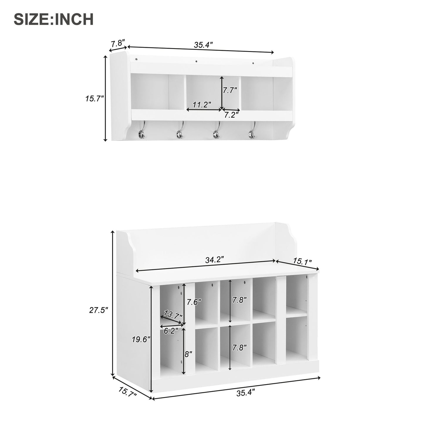 Shoe Storage Bench with Shelves and Hooks Elegant Hall Tree Entryway Organizer for Hallway Foyer Mudroom White