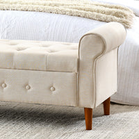 62 Inch Tufted Button Storage Bench Modern Fabric Ottoman Rolled Arm Design for Bedroom Living Room Foyer Beige