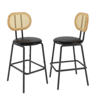 Rattan Bar Stool Set of 2 Indoor Leather Counter Height Chairs with Metal Legs and Rattan Backrest for Kitchen Island Dining