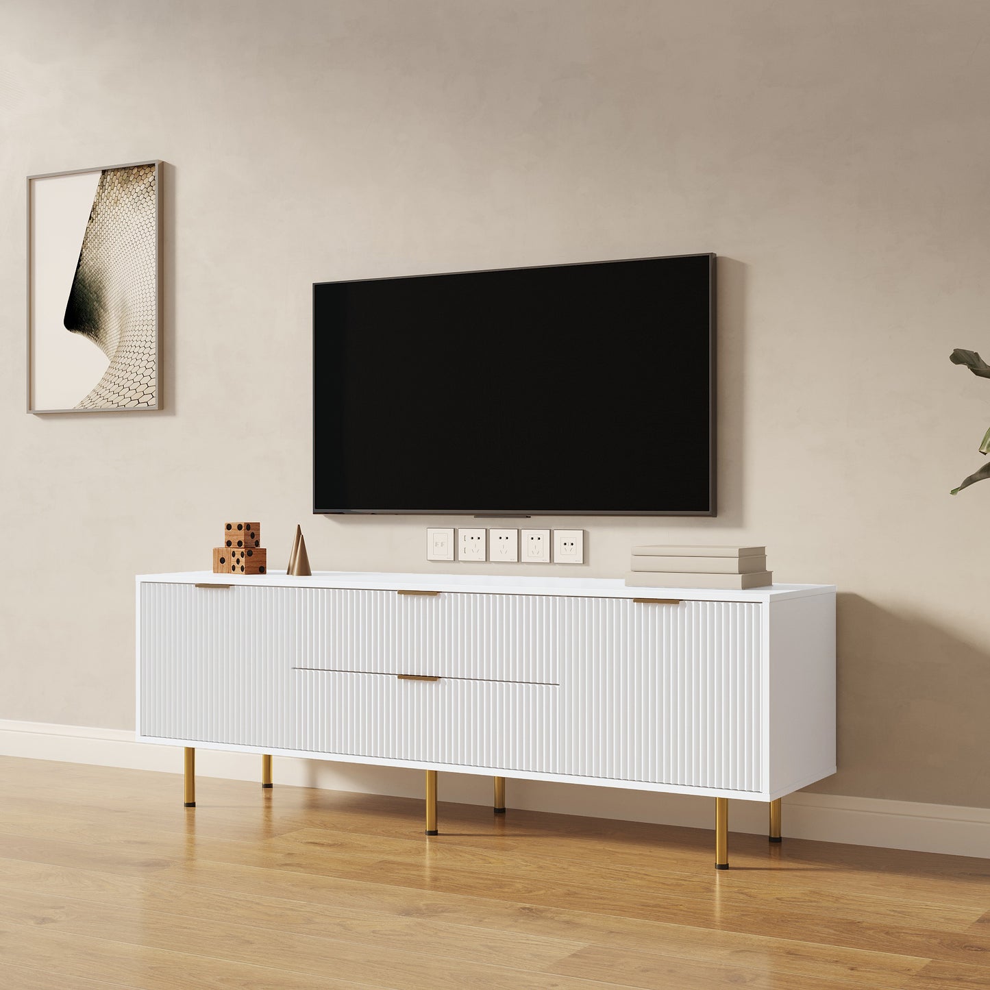 Modern Warm White TV Cabinet for Living Room Bedroom Storage Unit Entertainment Center