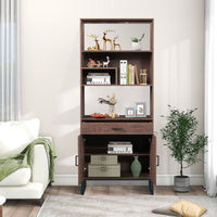 Tall Walnut Finish Open Bookshelf with LED Lights and Storage Drawer for Living Room and Office