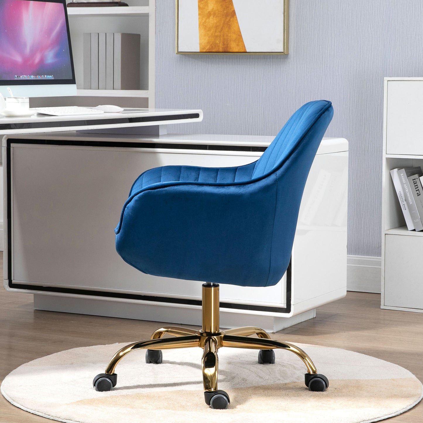 360 degree  Dark Blue Velvet Swivel Chair High Back Adjustable Office Chair Golden Base