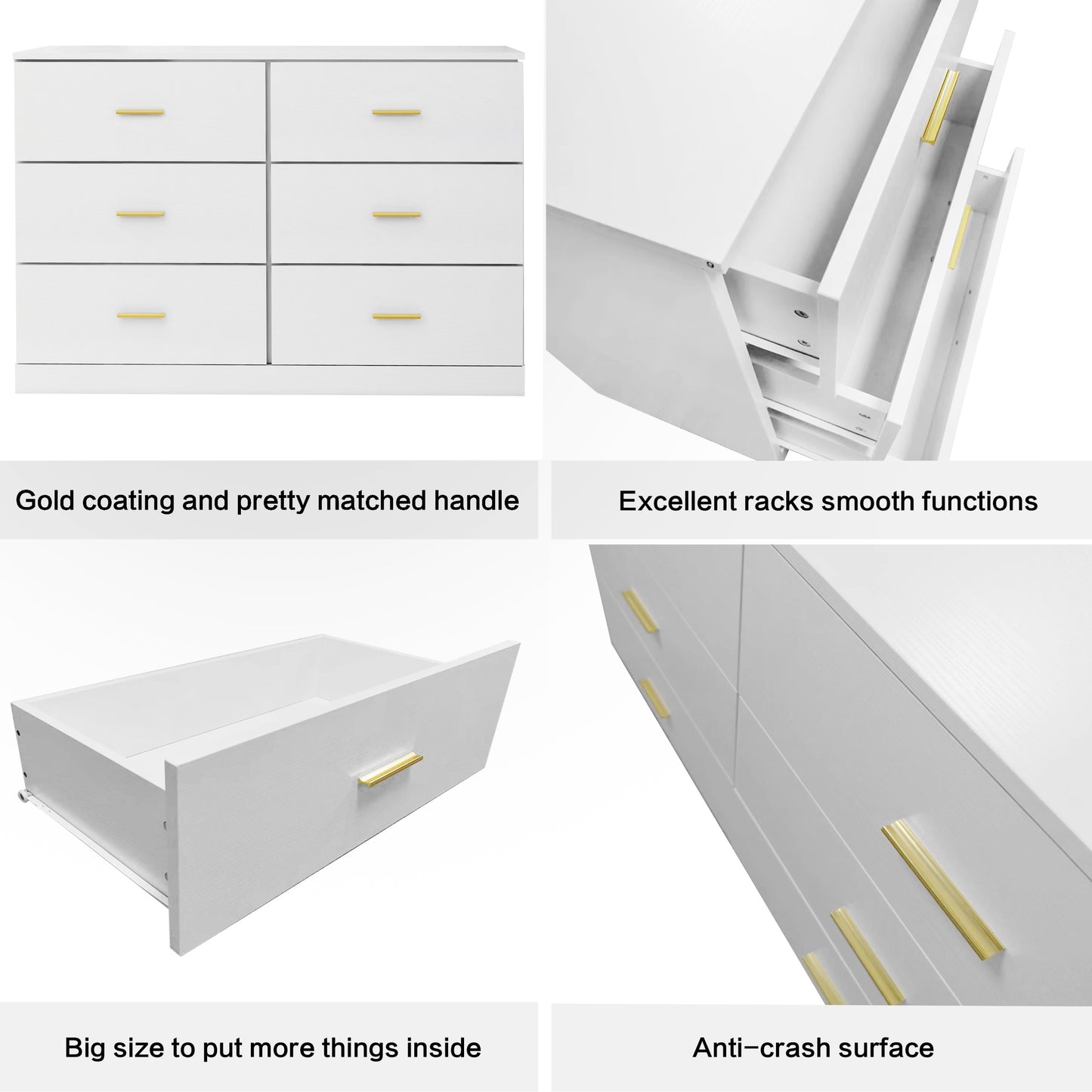 Modern White 6-Drawer Dresser Ample Storage Wide Chest of Drawers Sturdy Safe Furniture for Bedroom