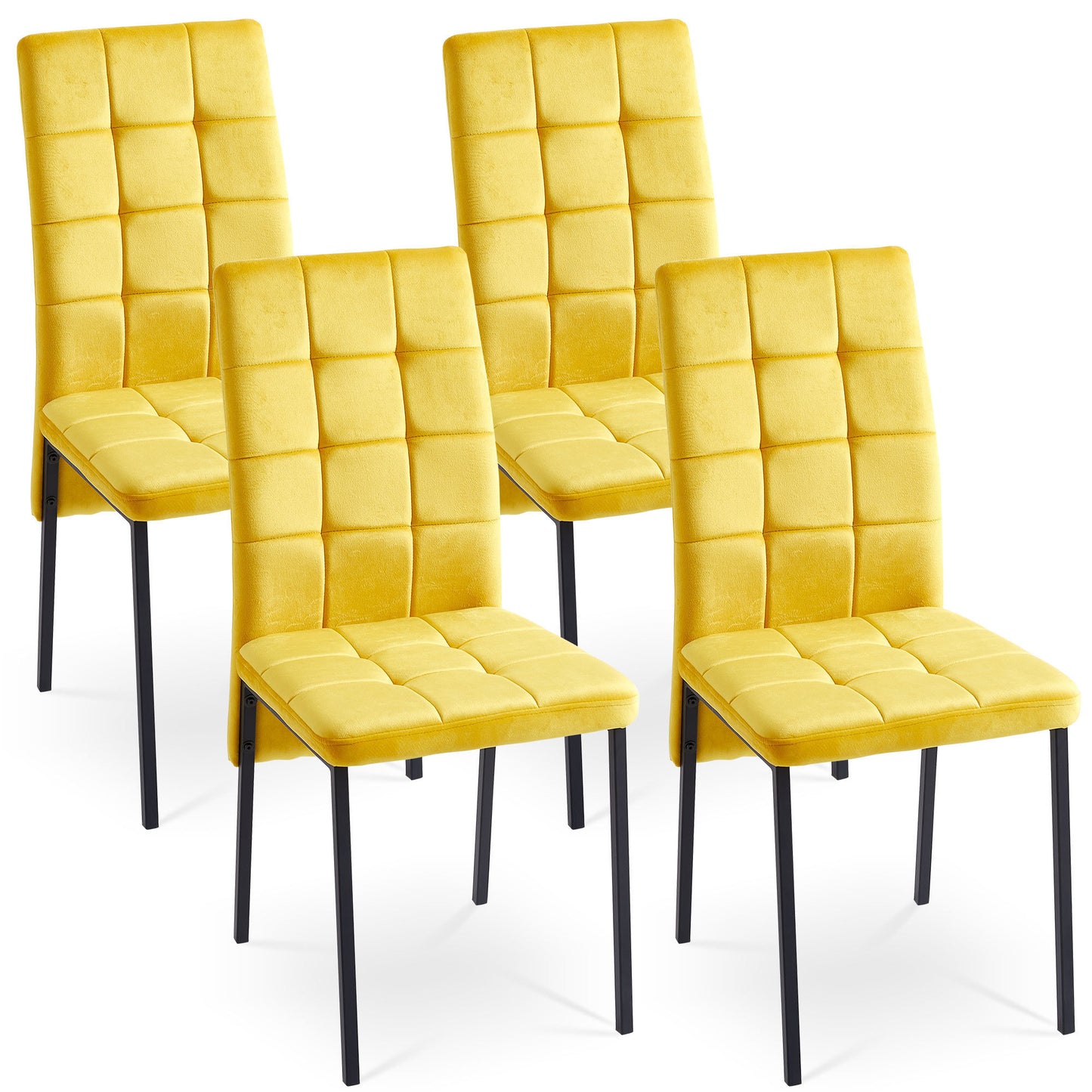 Yellow Velvet High Back Dining Chair Set of 4 Modern Fabric Chairs with Black Legs Nordic Style