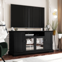 TV Stand for 65 Inch TV with Adjustable Panels and 2 Tempered Glass Doors Open Style Cabinet Sideboard for Living Room Black