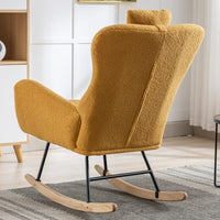 35.5 inch Rocking Chair with Pocket, Soft Teddy Fabric Rocking Chair for Nursery, Comfy Wingback Glider Rocker with Safe Solid Wood Base for Living Room Bedroom Balcony (TURMERIC)