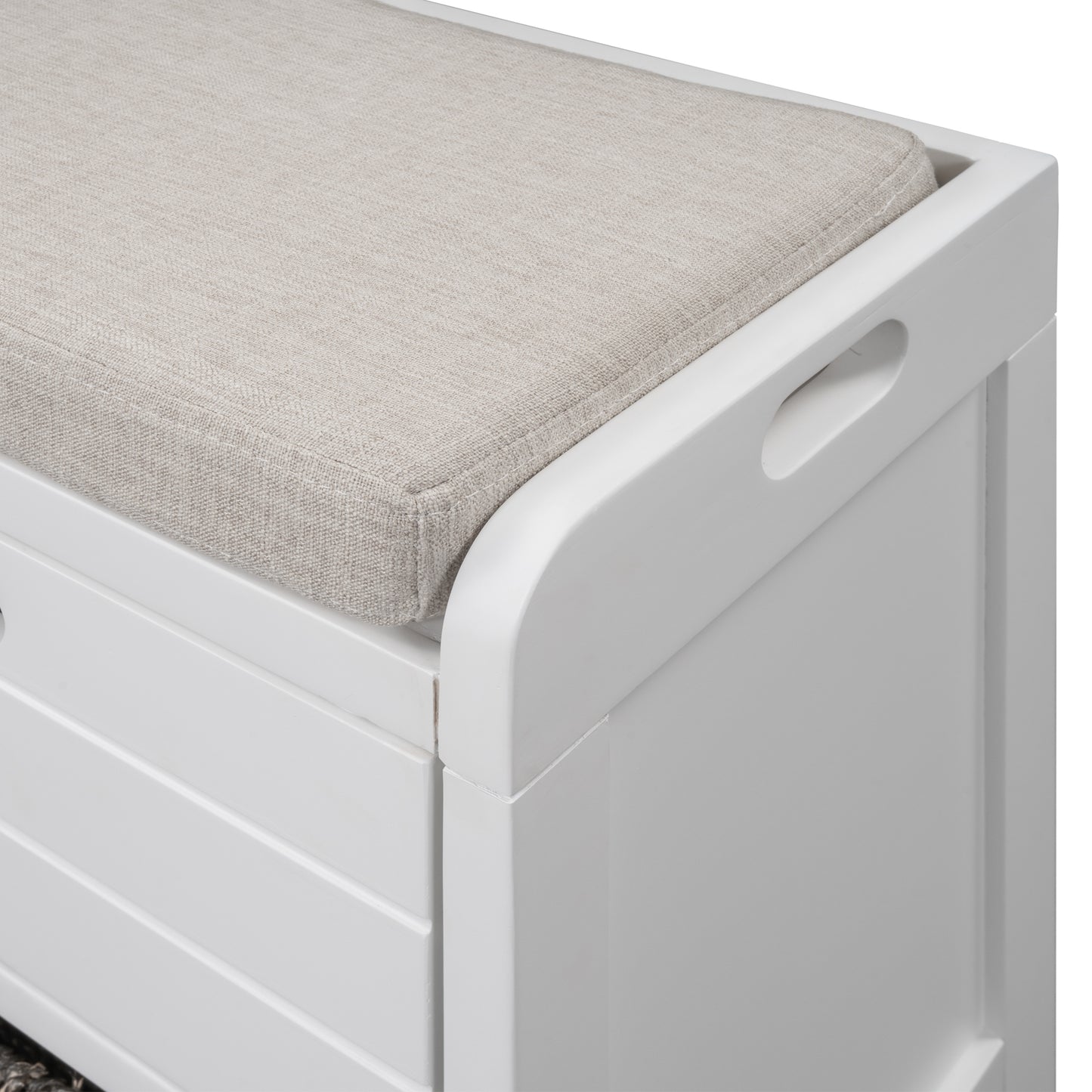 Storage Bench with Removable Cushion and 2 Drawers, Fully Assembled Shoe Organizer with Removable Basket, White