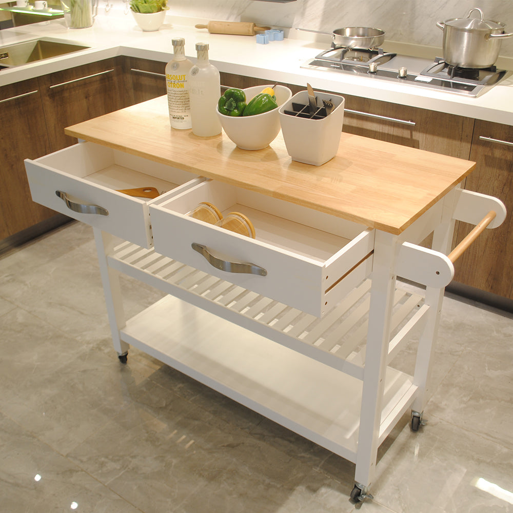 Mobile Kitchen Island with Rubber Wood Top, Lockable Wheels, Simple Design, Two Drawers for Utensil Storage, Easy to Move and Store