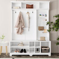 Hall Tree with Shoe Bench, Coat Rack ,Shoe Storage ,Storage Shelves and Pegboard, for Hallways, Halls and Bedrooms, White