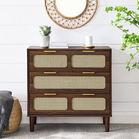 Modern Rattan Dresser Cabinet with Wide Drawers and Metal Handles for Farmhouse Style Storage in Bedroom Living Room Hallway